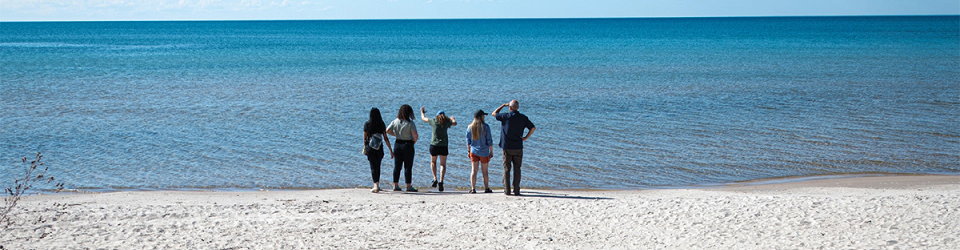 SEAS master&#039;s students and Professor of Practice Paul Seelbach on the coast of Lake Michigan.