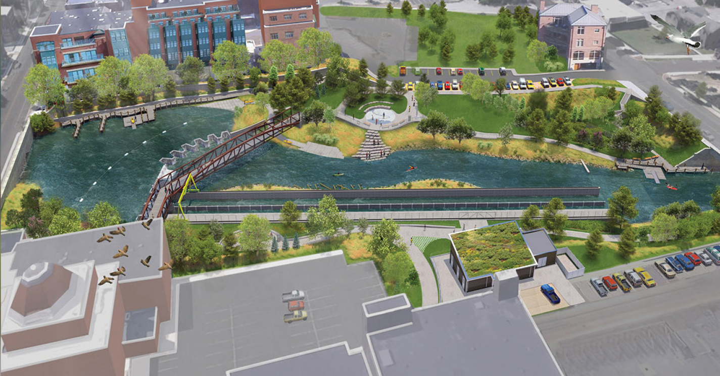 A rendering of the FishPass project, with the fish-sorting channel marked above. Image credit: AECOM