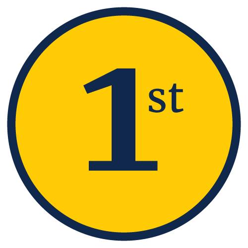 A round graphic in maize and blue that says 1st