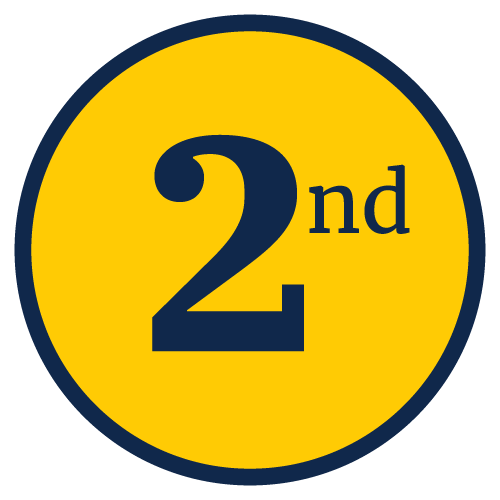 A round graphic in maize and blue that says 2nd