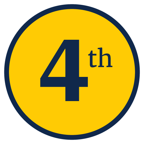 A round graphic in maize and blue that says 4th