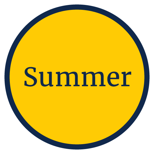 A round graphic in maize and blue that says Summer