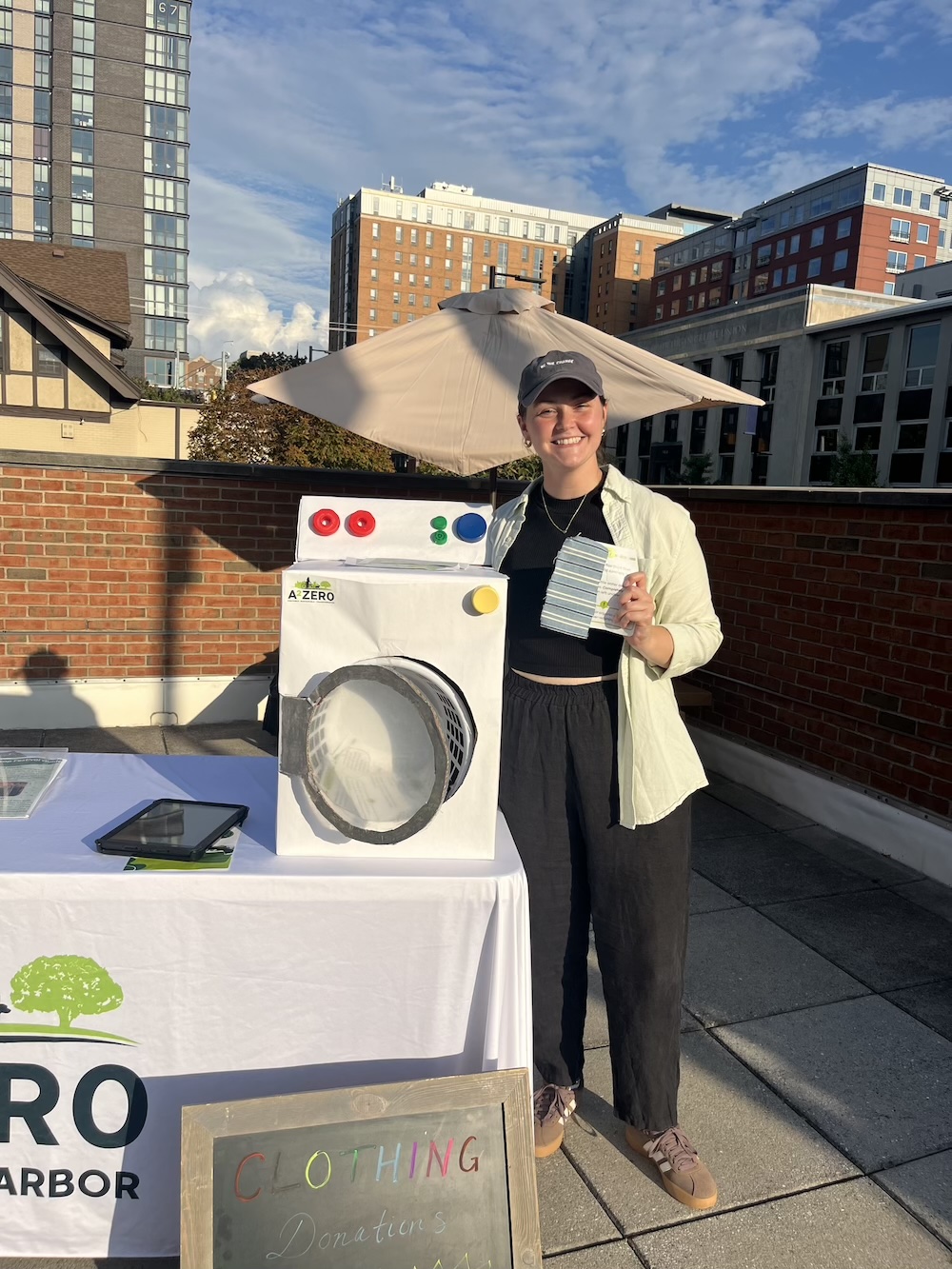 Bridget Damon (MS '25/MURP '26) with Mr. Whirl-wide, an interactive and engaging educational tool built to teach people about textile microplastics. 
