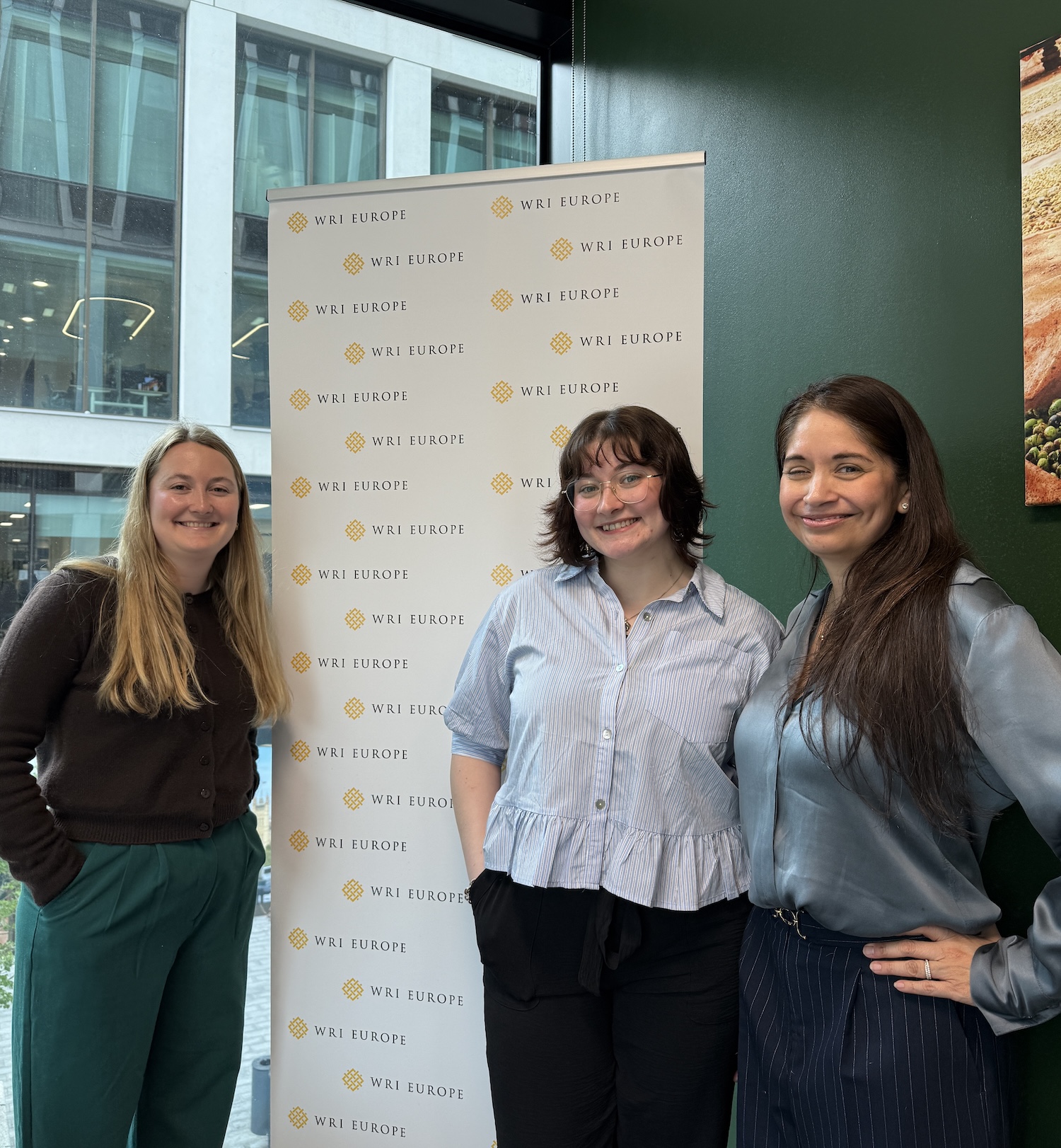 The team members stand in front of a "WRI Europe" banner, smiling.