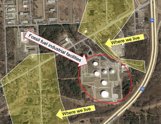 Figure 1. Map of St. Clair Township and Kimball Township residential homes in relation to petrochemical facilities.