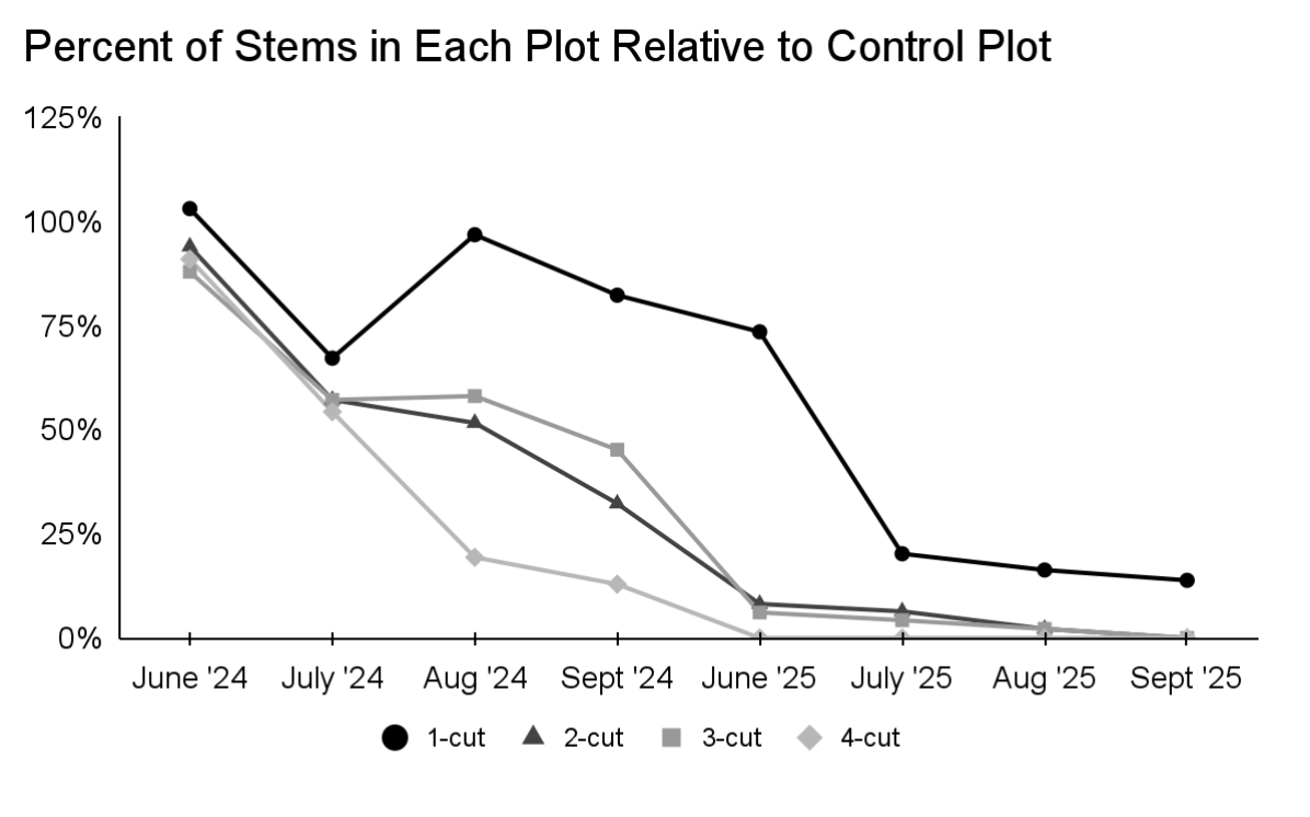 Percent of Typha stems in each plot relative to control