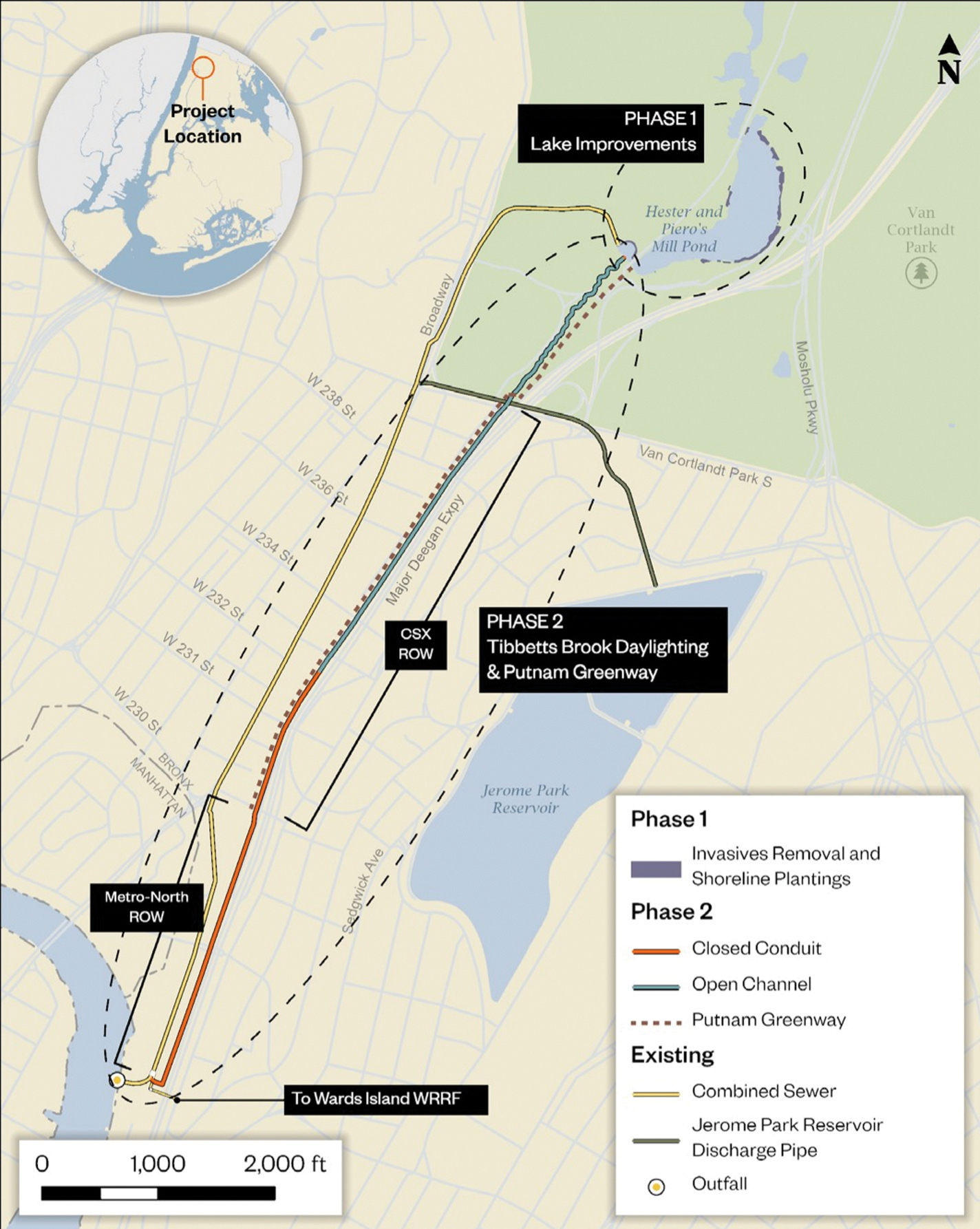 A map highlights the scope of work for the Tibbetts Brook Daylighting project. Image credit: New York City Department of Environmental Protection