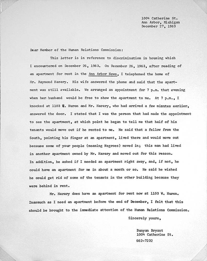 Bunyan Bryant's 1963 letter to the Human Relations Commission in Ann Arbor discussing housing discrimination