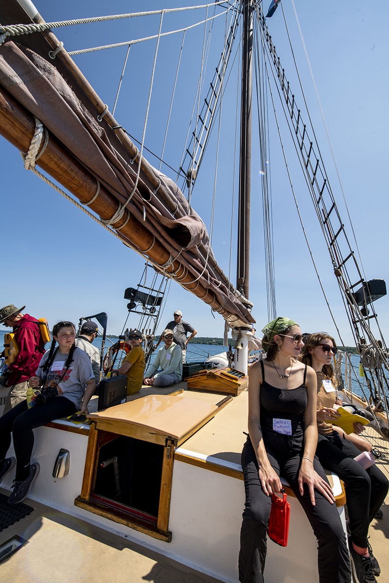 U-M undergraduate students head into Suttons Bay aboard the schooner owned by the Inland SEAS Educational Association.