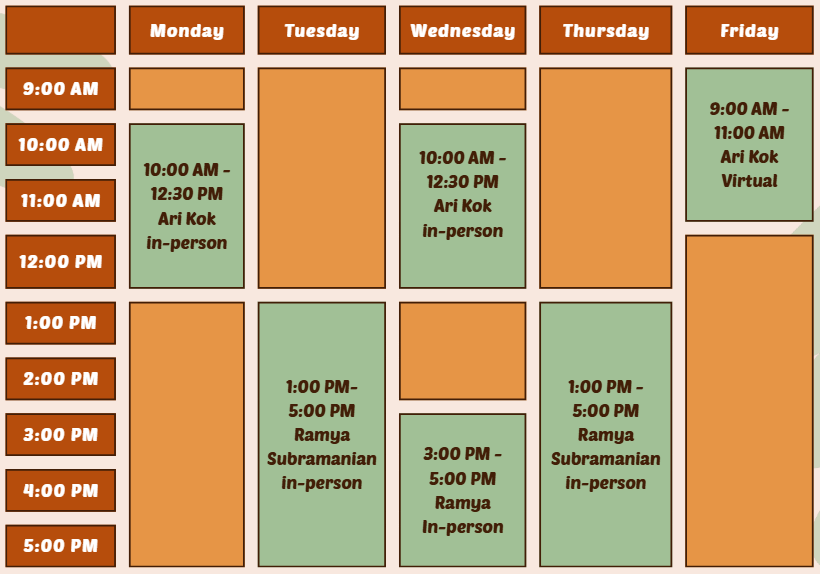 visual schedule of peer advisor hours