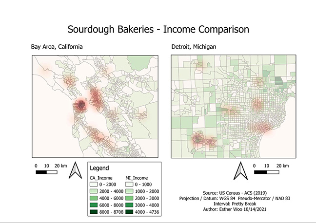 Heat map of sourdough bakery densities compared with median income. Darker red indicates a higher concentration of bakeries.