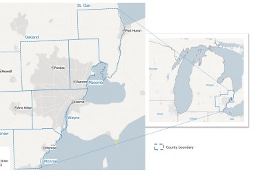 The seven-county Southeast Michigan study area used in a new University of Michigan analysis of the relationship between forested areas and urban sprawl.