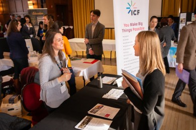 Two woman talking at the ICF booth at the 2019 green career fair.