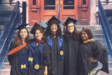 Miranda Dupre and her master’s project team celebrate graduation day last April (from left): Maisy Rohrer, Anna Cone, Dupre, Allison Williams and Toyosi Dickson. Dupre&#039;s favorite SEAS memory is working with her master&#039;s project team.