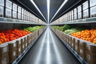 Depiction of a modern supermarket interior.