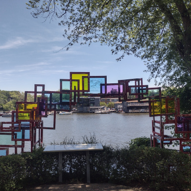 View of the Kalamazoo River through an arched art installation. Taken in Saugatuck, MI