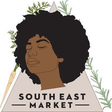 The logo for South East Market is a simple portrait of a Black woman with her head tilted up and eyes closed. Produce frames her face.