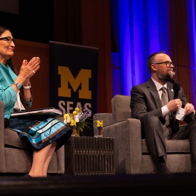 Secretary of the Interior Deb Haaland during a Q&amp;A session with SEAS Professor Kyle Whyte