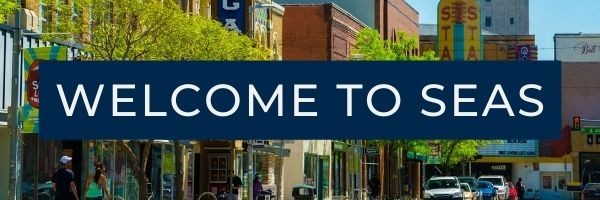 Header image that says, &quot;Welcome to SEAS&quot;. It has a picture of Ann Arbor as the background.