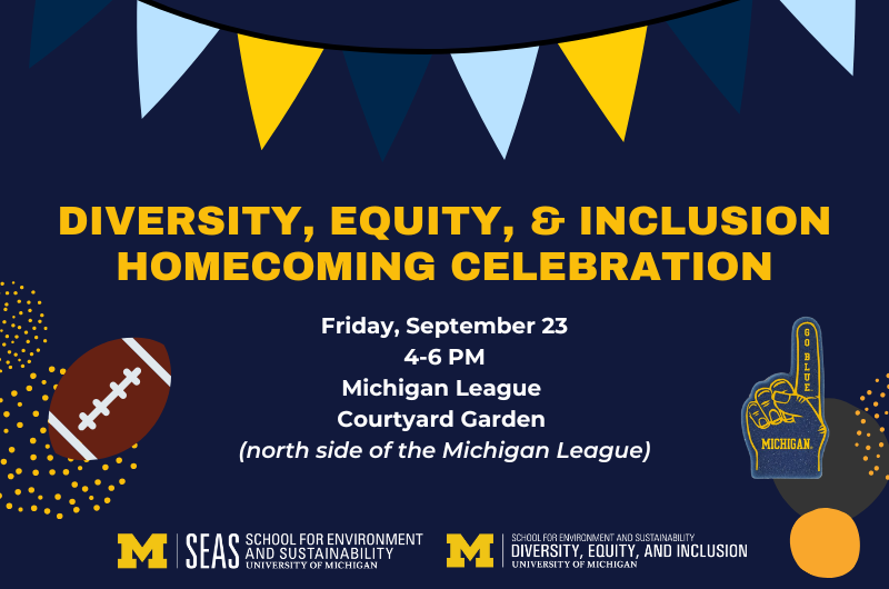 dark blue background with sunflower yellow text stating &quot;diversity, equity, and inclusion homecoming celebration.&quot; White text stating &quot;Friday, september 23, 4-6PM, michigan league courtyard garden (north side of the Michigan League). A multicolored pin flag banner at top of page with light blue, medium blue, and sunflower yellow. Decorative images including a football, football hand with Michigan written on it, and circles. Logos for SEAS and SEAS DEI listed at bottom of page.