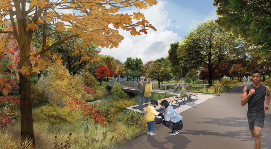 A rendering of Van Cortlandt Park looking north, as they will appear after completion of the Tibbetts Brook Daylighting project. Image credit: New York City Department of Environmental Protection