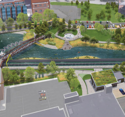 A rendering of the FishPass project, with the fish-sorting channel marked above. Image credit: AECOM