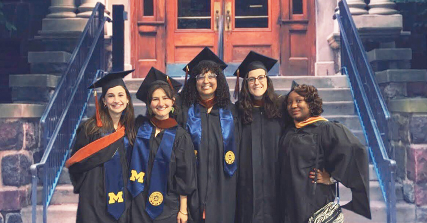 Miranda Dupre and her master’s project team celebrate graduation day last April (from left): Maisy Rohrer, Anna Cone, Dupre, Allison Williams and Toyosi Dickson.
