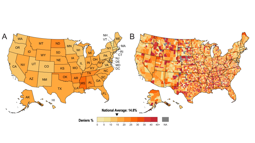 Climate change denialism in the U.S., by state (A) and county (B). (Note: Uncertainty is higher in counties with low population densities due to smaller tweet sample sizes.) Image credit: Gounaridis and Newell in Scientific Reports, February 2024. 