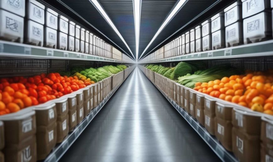 Depiction of a modern supermarket interior.