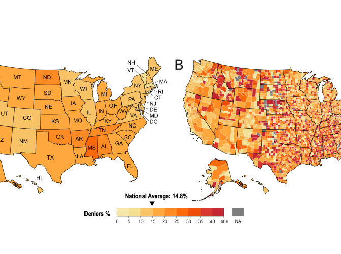Climate change denialism in the U.S., by state (A) and county (B). (Note: Uncertainty is higher in counties with low population densities due to smaller tweet sample sizes.) Image credit: Gounaridis and Newell in Scientific Reports, February 2024. 