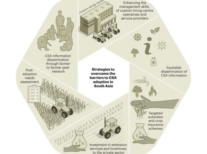 Infographic illustration depicting strategies to overcome barriers to CSA adoption in South Asia.