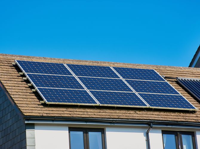 Residential home with rooftop solar panels.
